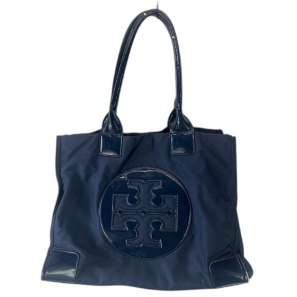 Tory Burch Ella Tote Women’s L Navy Blue Leather Trimmed Carryall Handbag Logo - Picture 1 of 16